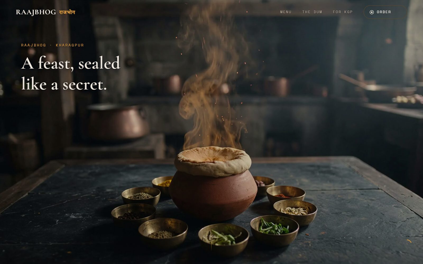 The Raajbhog site: a dark page with the headline
                        "A feast, sealed like a secret."